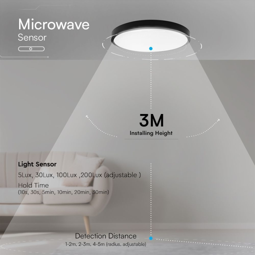 Plafoniera LED da bagno con sensore SAMSUNG CHIP LED/18W/230V IP44 4000K diametro 29 cm nero + telecomando