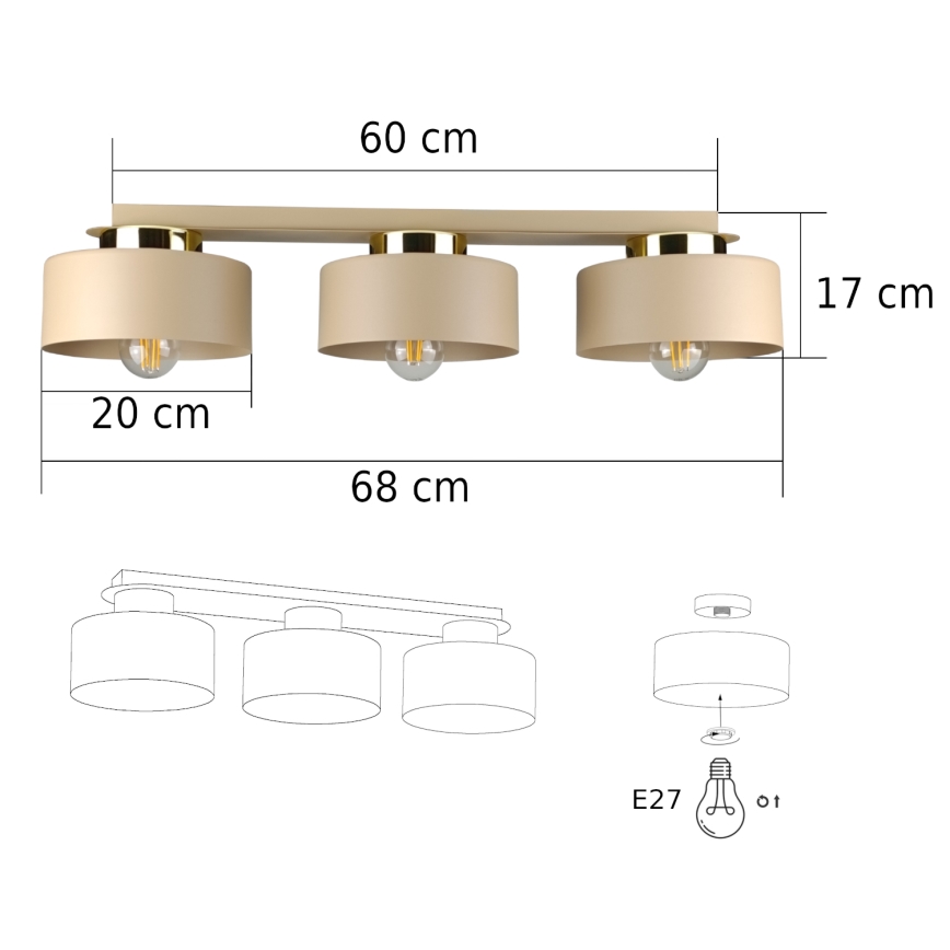 Plafonnier IGNIA 3xE27/60W/230V beige/doré