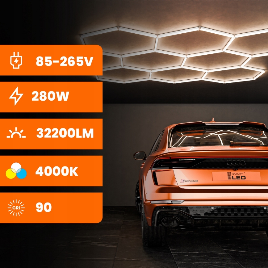 Plafonnier LED HEXAGON 280 W / 85–265 V 4000 K 313 x 298 cm IRC 90 IP54 blanc