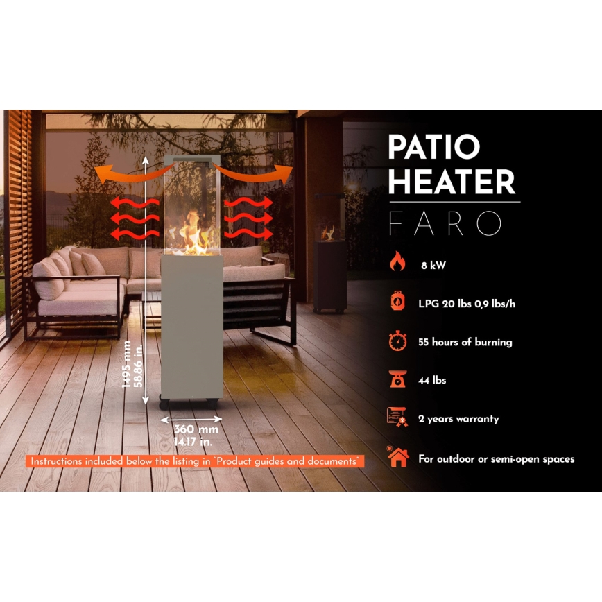 Planika - Caminetto a gas da esterno 142x36 cm 8kW grigio + copertura di protezione