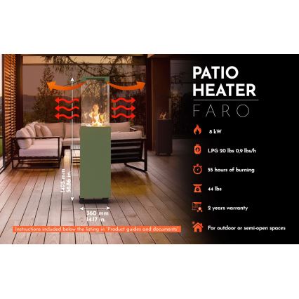 Planika - Caminetto a gas da esterno 142x36 cm 8kW verde + copertura di protezione