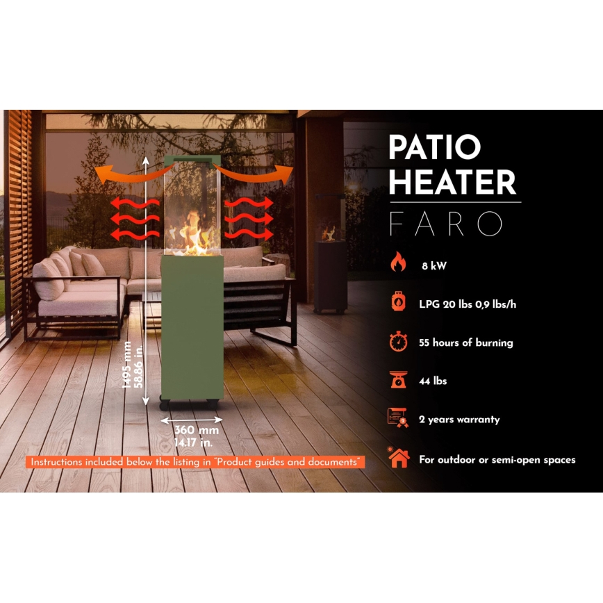 Planika - Caminetto a gas da esterno 142x36 cm 8kW verde + copertura di protezione