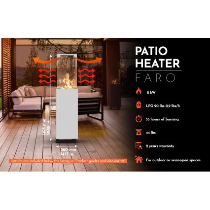 Planika - Cheminée à gaz d'extérieur 142x36 cm 8kW 1xAAA blanc + housse de protection