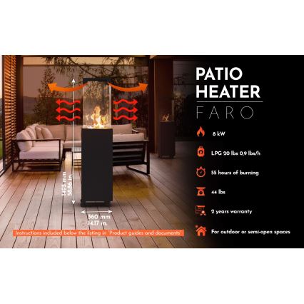 Planika - Outdoor-Gas-Kamin 142x36 cm 8kW schwarz + Schutzabdeckung