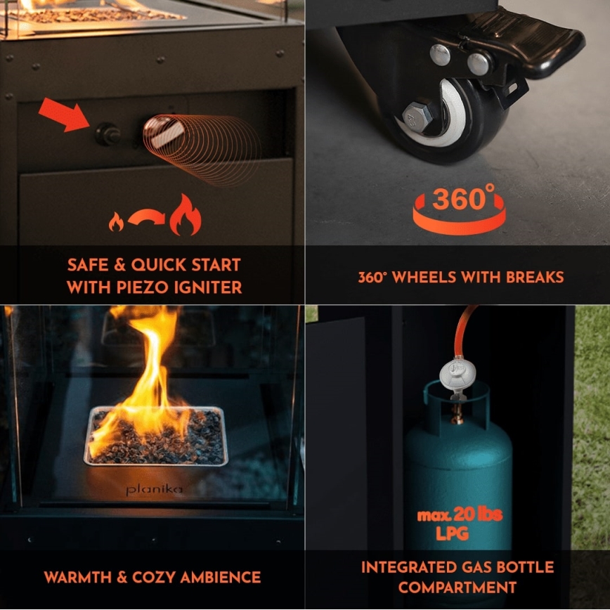 Planika - Outdoor-Gas-Kamin 142x36 cm 8kW schwarz + Schutzabdeckung