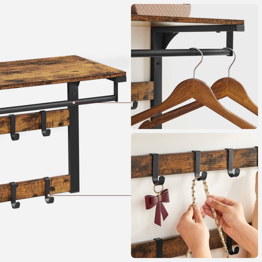 Porte-manteau mural avec étagère NATE marron/noir