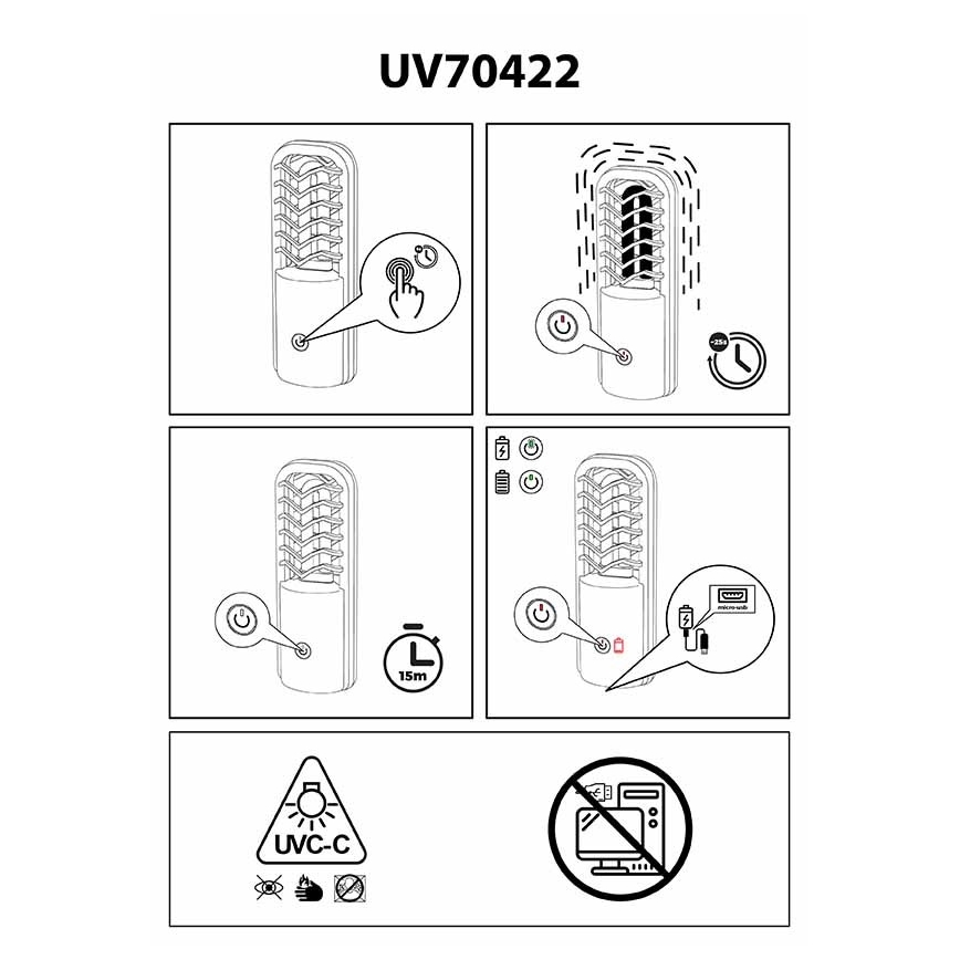 Prezent 70422 - Lampada germicida disinfettante portatile UVC/2,5W/5V USB