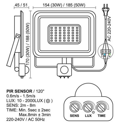 Proiettore da esterno a LED con sensore LED/50W/230V 4000K IP44 nero