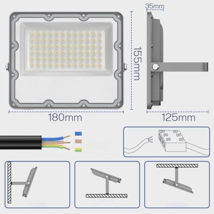 Proiettore LED per esterni, 50 W, 230 V, 4500 K, IP65, grigio