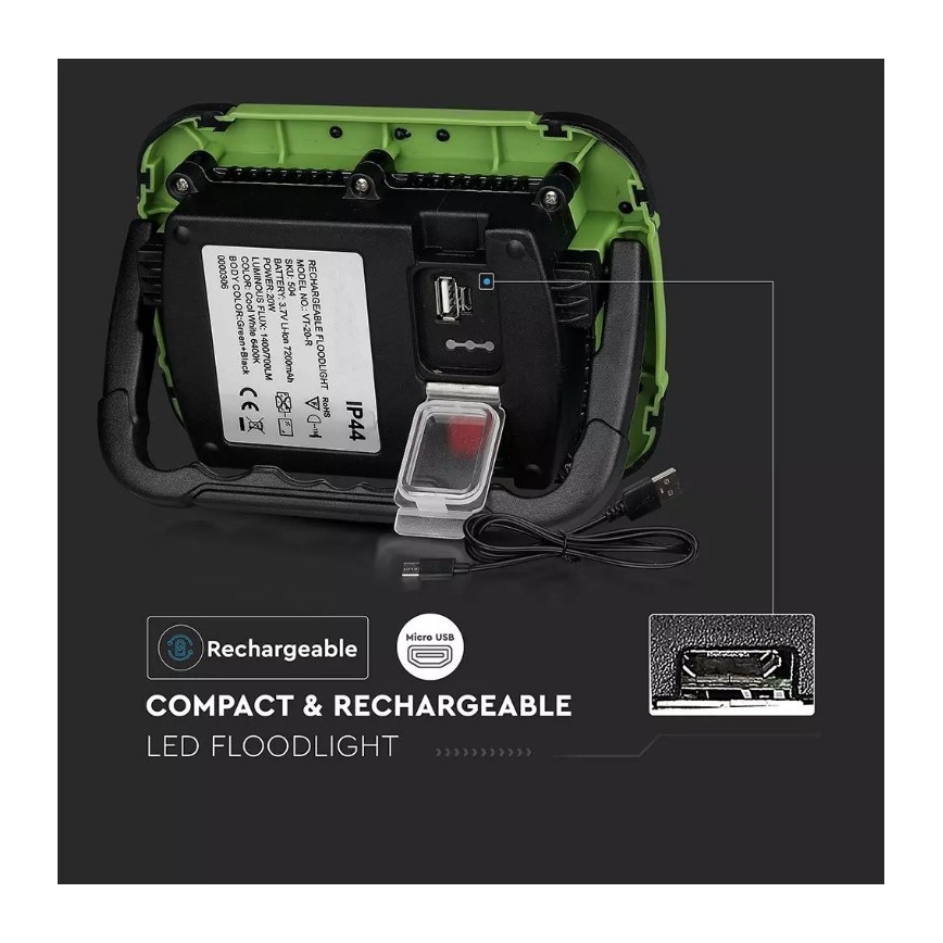Proiettore LED ricaricabile SAMSUNG CHIP + funzione SOS LED/20W/3,7V/USB IP44 4000K verde