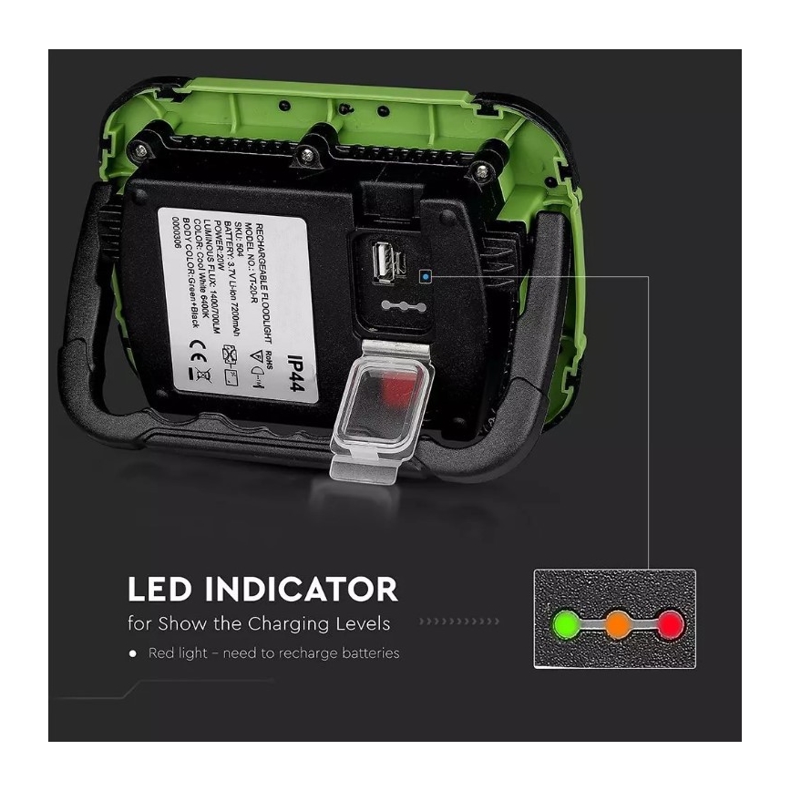 Proiettore LED ricaricabile SAMSUNG CHIP + funzione SOS LED/20W/3,7V/USB IP44 4000K verde