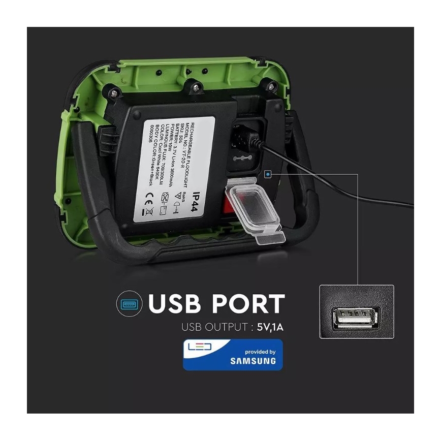 Proiettore LED ricaricabile SAMSUNG CHIP + funzione SOS LED/20W/3,7V/USB IP44 4000K verde