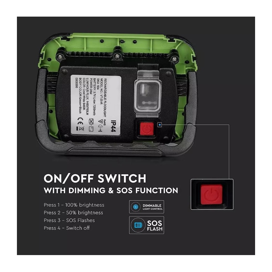 Proiettore LED ricaricabile SAMSUNG CHIP + funzione SOS LED/20W/3,7V/USB IP44 4000K verde