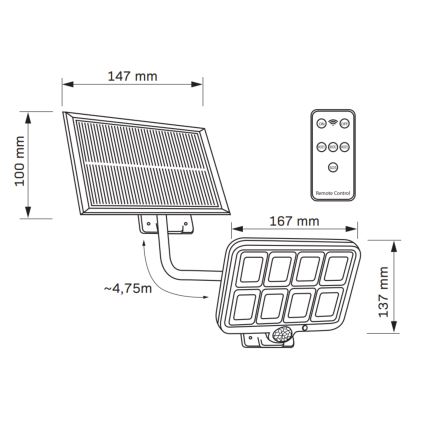 Proiettore solare a LED con sensore INTEGRA LED/3W/3,7V IP44 + telecomando