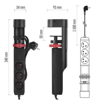 Prolunga con attacco alla tavola 3Z + 3xUSB 1,5m nero