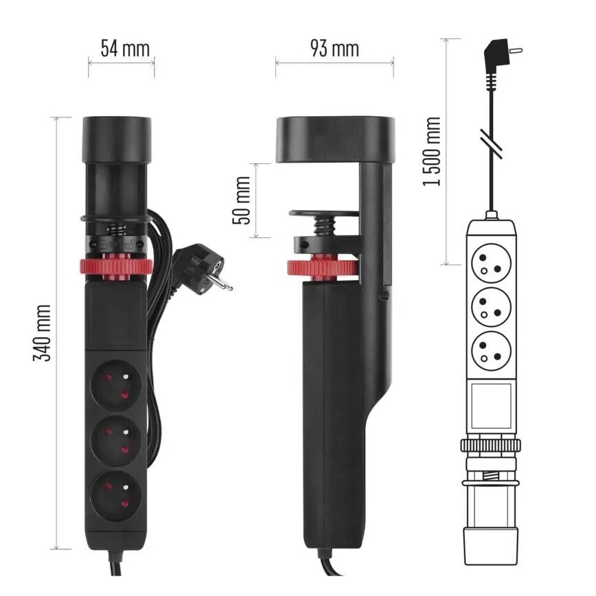 Prolunga con attacco alla tavola 3Z + 3xUSB 1,5m nero