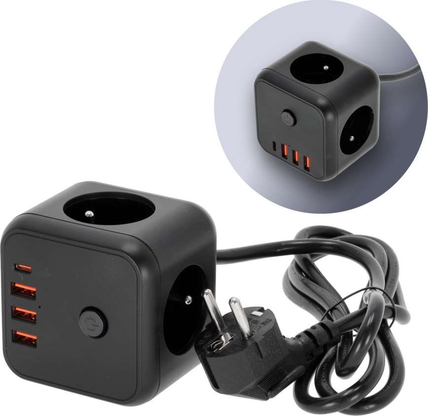 Prolunga cubo con interruttore LINEA 3x230V + 4xUSB A/C nero