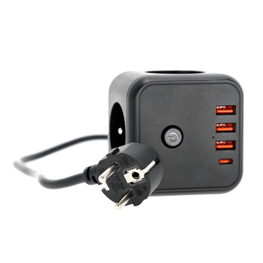 Prolunga cubo con interruttore LINEA 3x230V + 4xUSB A/C nero