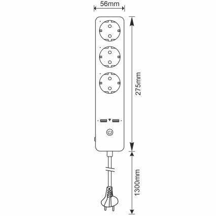 Prolunga SMART con interruttore 1,5m + 2xUSB/Wi-Fi Tuya SCHUKO