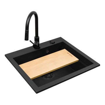 Pyramis 070169001_2 - Évier de cuisine avec planche à découper SIROS 57x51,5 cm + robinet d'évier granit/noir