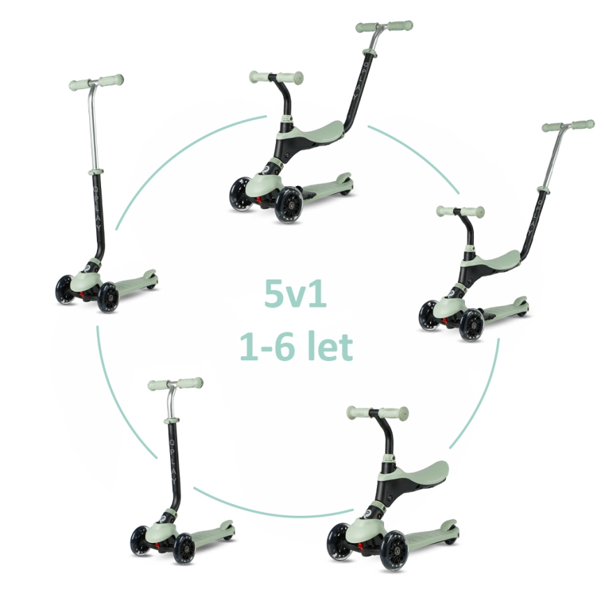 QPlay - Trottinette enfant SEMA PRO 5 en 1 avec roues LED, verte