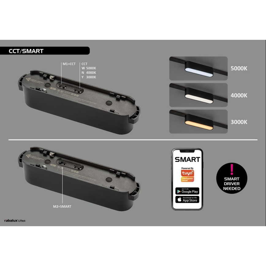 Rabalux - LED Plafoniera dimmerabile per sistema a binario monofase LED/16W/24V 2700-5500K Wi-Fi Tuya 33 cm nero