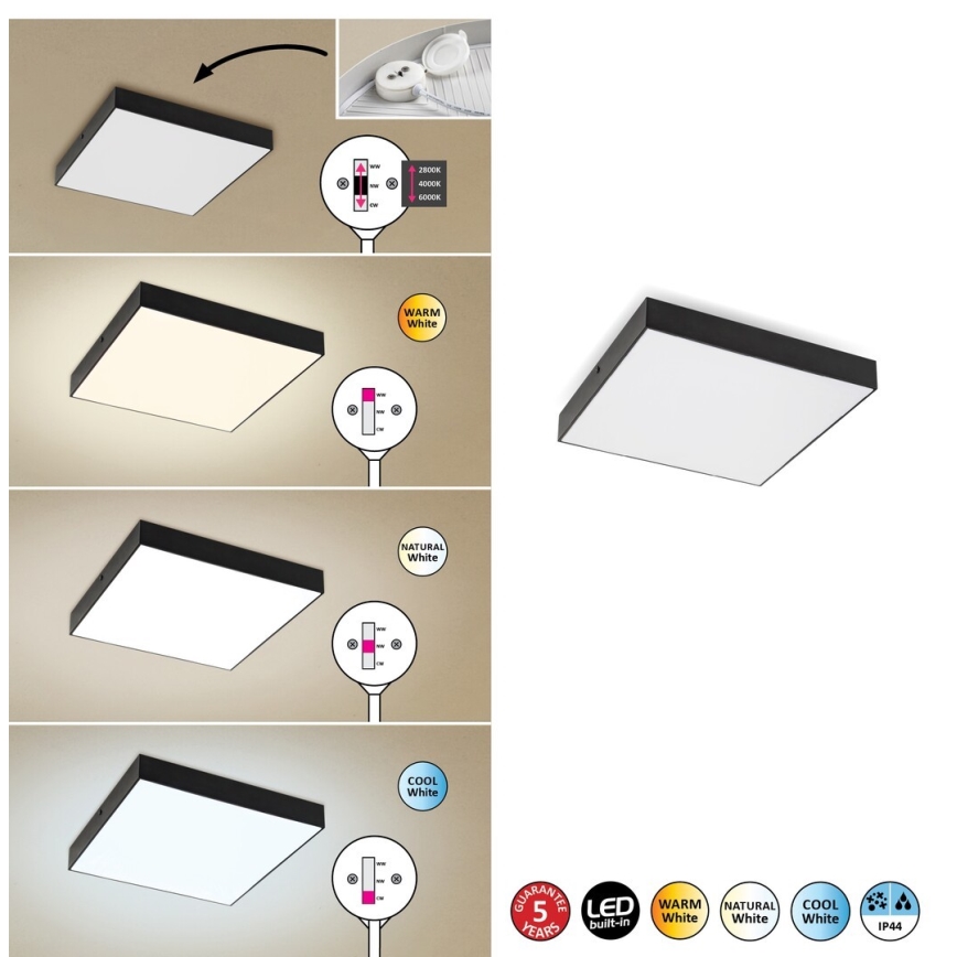 Rabalux - Plafonnier LED/24W/230V 2800-6000K IP44 noir 30x30 cm