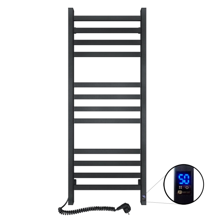 Radiateur sèche-serviettes AVANGARD avec thermostat 459W/230V, 120,6 cm, IP44, noir, version gauche, à profil carré