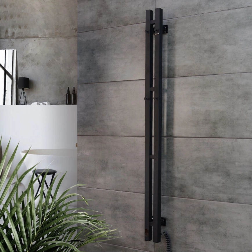 Radiateur sèche-serviettes électrique avec thermostat SILOUETTE 187W/230V 120,6 cm IP44 noir droit carré