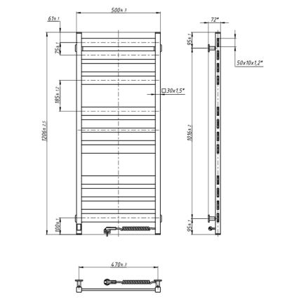 Sèche-serviettes LARGO pour salle de bains avec thermostat 541W/230V, 120,6 cm, IP44, noir, version droite, profil carré