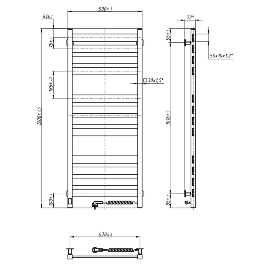 Sèche-serviettes LARGO pour salle de bains avec thermostat 541W/230V, 120,6 cm, IP44, noir, version droite, profil carré