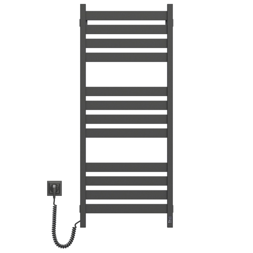Sèche-serviettes LARGO pour salle de bains, 541 W/230 V, 120,6 cm, IP44, noir, côté gauche, design angulaire, thermostat intégré