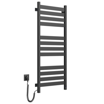 Sèche-serviettes LARGO pour salle de bains, 541 W/230 V, 120,6 cm, IP44, noir, côté gauche, design angulaire, thermostat intégré