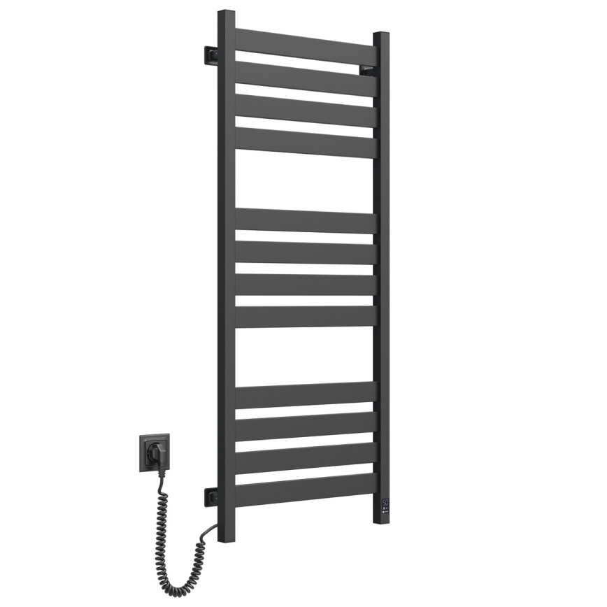 Sèche-serviettes LARGO pour salle de bains, 541 W/230 V, 120,6 cm, IP44, noir, côté gauche, design angulaire, thermostat intégré