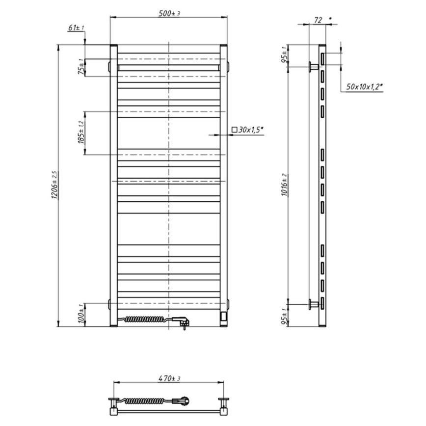 Sèche-serviettes LARGO pour salle de bains, 541 W/230 V, 120,6 cm, IP44, noir, côté gauche, design angulaire, thermostat intégré