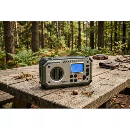 Radio da campeggio con manovella, pannello solare e torcia a LED con funzione powerbank 5V/3xAAA/2000 mAh IPX4 verde