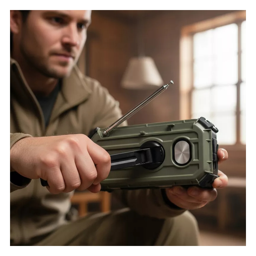 Radio da campeggio con manovella, pannello solare e torcia a LED con funzione powerbank 5V/3xAAA/2000 mAh IPX4 verde
