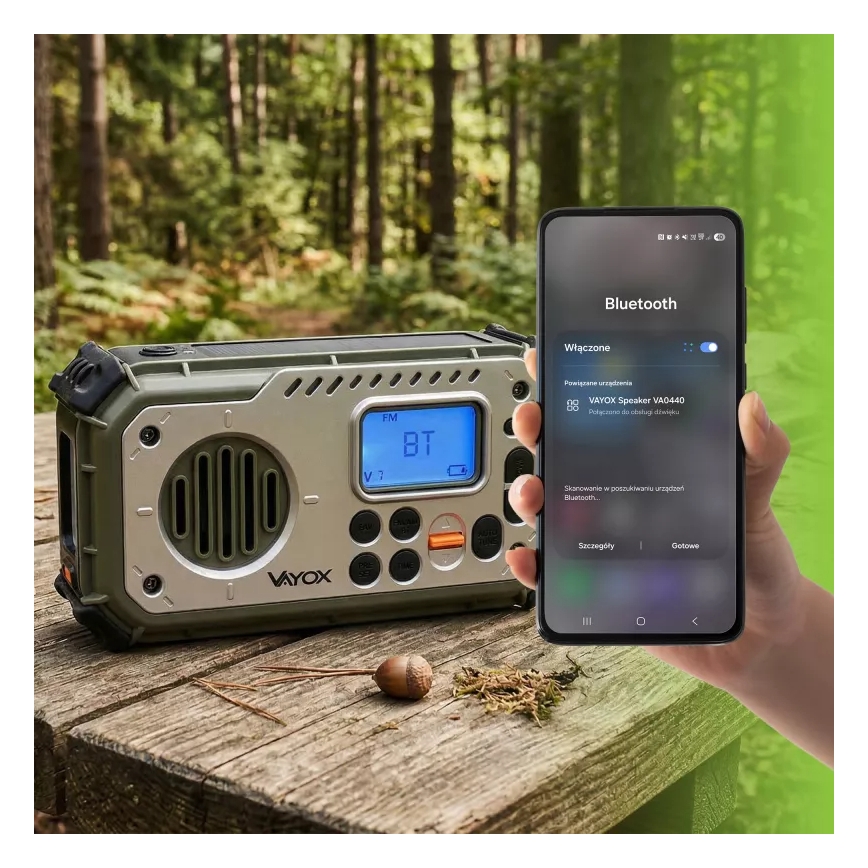Radio da campeggio con manovella, pannello solare e torcia a LED con funzione powerbank 5V/3xAAA/2000 mAh IPX4 verde