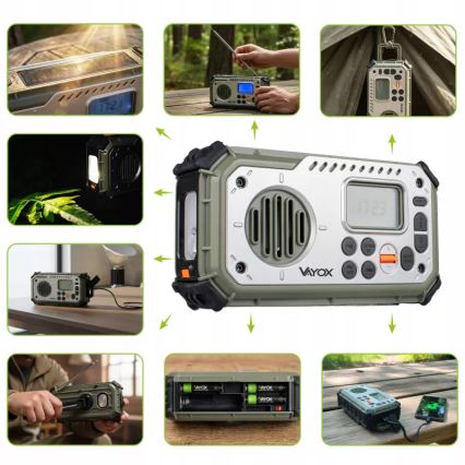 Radio da campeggio con manovella, pannello solare e torcia a LED con funzione powerbank 5V/3xAAA/2000 mAh IPX4 verde
