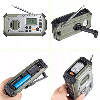 Radio da campeggio con manovella, pannello solare e torcia a LED con funzione powerbank 5V/3xAAA/2000 mAh IPX4 verde