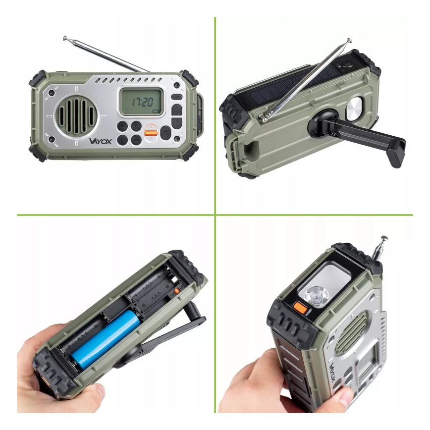 Radio da campeggio con manovella, pannello solare e torcia a LED con funzione powerbank 5V/3xAAA/2000 mAh IPX4 verde