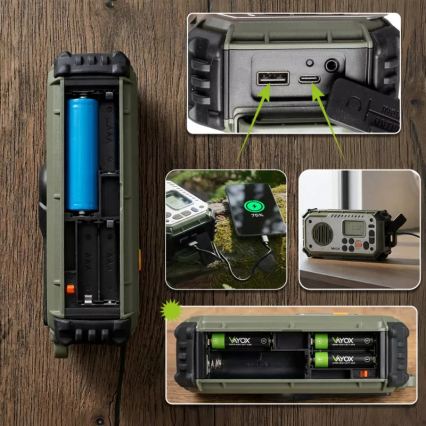 Radio da campeggio con manovella, pannello solare e torcia a LED con funzione powerbank 5V/3xAAA/2000 mAh IPX4 verde
