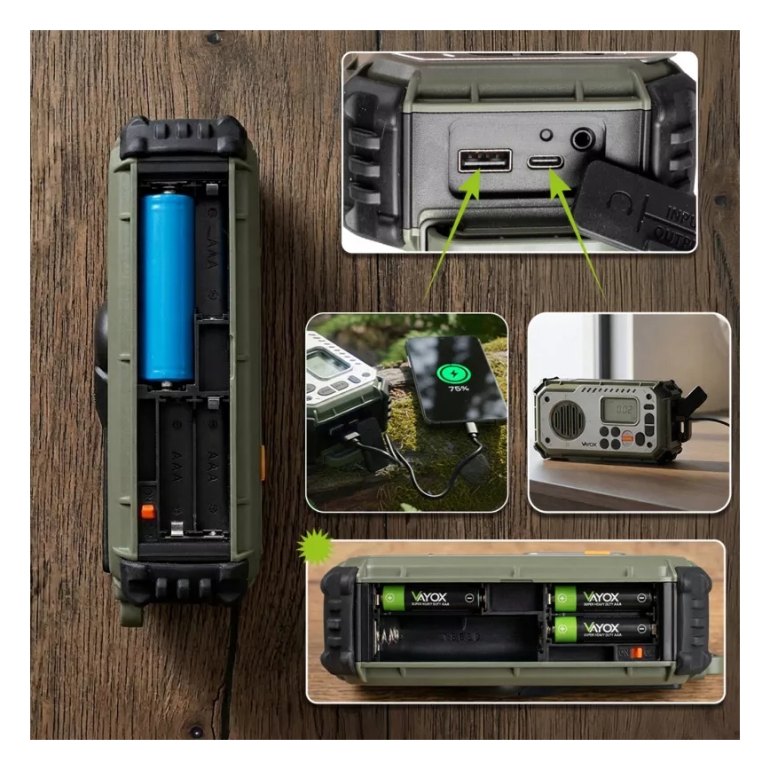 Radio da campeggio con manovella, pannello solare e torcia a LED con funzione powerbank 5V/3xAAA/2000 mAh IPX4 verde