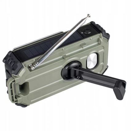Radio da campeggio con manovella, pannello solare e torcia a LED con funzione powerbank 5V/3xAAA/2000 mAh IPX4 verde