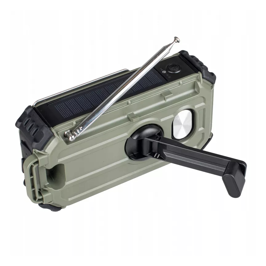 Radio da campeggio con manovella, pannello solare e torcia a LED con funzione powerbank 5V/3xAAA/2000 mAh IPX4 verde