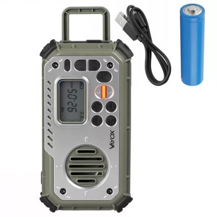 Radio da campeggio con manovella, pannello solare e torcia a LED con funzione powerbank 5V/3xAAA/2000 mAh IPX4 verde