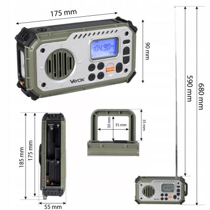 Radio da campeggio con manovella, pannello solare e torcia a LED con funzione powerbank 5V/3xAAA/2000 mAh IPX4 verde
