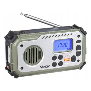 Radio da campeggio con manovella, pannello solare e torcia a LED con funzione powerbank 5V/3xAAA/2000 mAh IPX4 verde