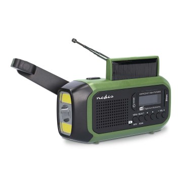 Radio DAB+/FM a manovella con pannello solare integrato e torcia a LED 5V/2500 mAh, verde/nero