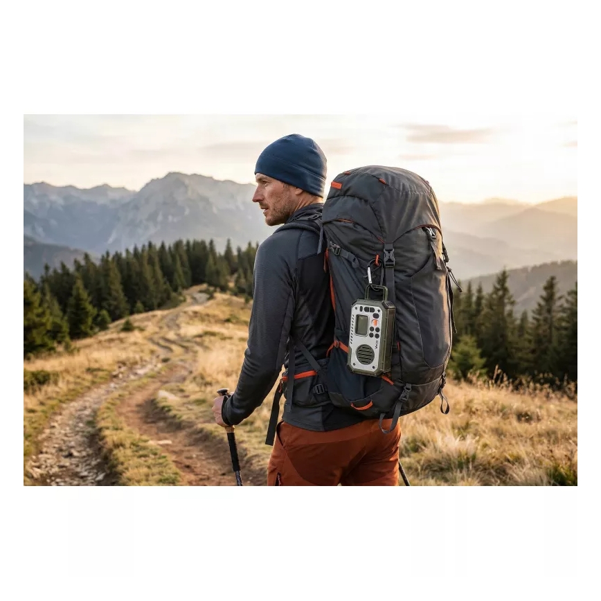 Radio de camping à manivelle avec panneau solaire et lampe LED dotée d'une fonction powerbank, 5V/3xAAA/2000 mAh, IPX4, vert